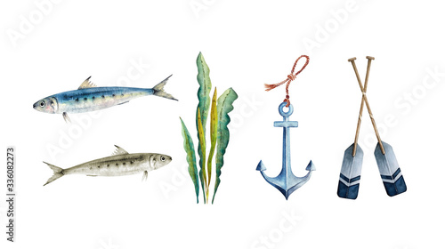 Obraz na plátně Set of watercolor illustrations in a marine style