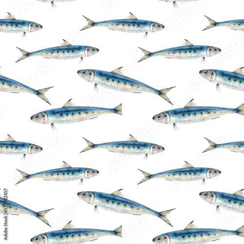 seamless pattern with blue fishes, watercolor illustration on white background
