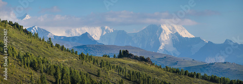 Belukha Mountain is the highest point of Altay. Panoramic view of snow-capped peaks.