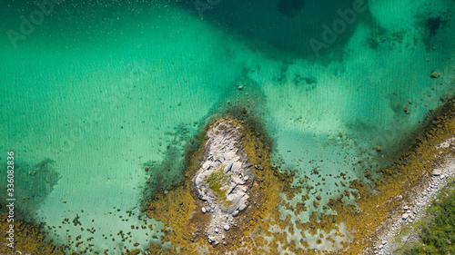 Aerial panoramic view of Lofoten, Norway, sunny arctic summer