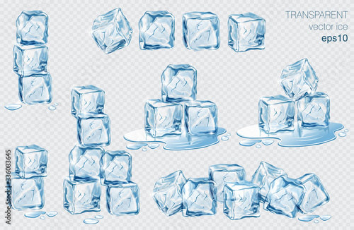 Set of blue ice cubes. Realistic transparent isolated vector illustration photo