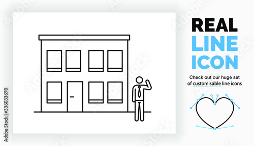 Editable real line icon of a stick figure small business owner in a suit with tie in front of his two story office building with a door and windows in a modern black stroke design as a eps vector file