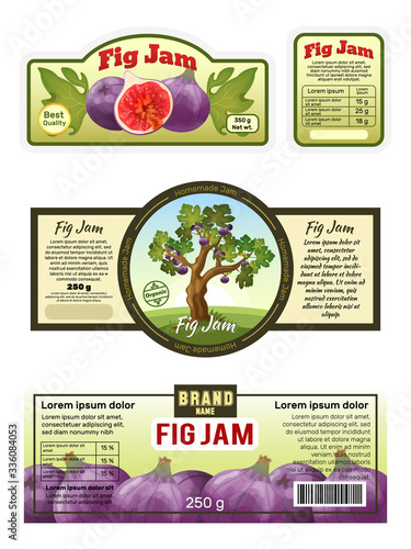 Fig jam label design, emblem sticker template, natural fruit marmalade packaging, vector illustration. Set of labels for fig jam product, sweet juicy fruit and tree on badge stamps. Organic confiture