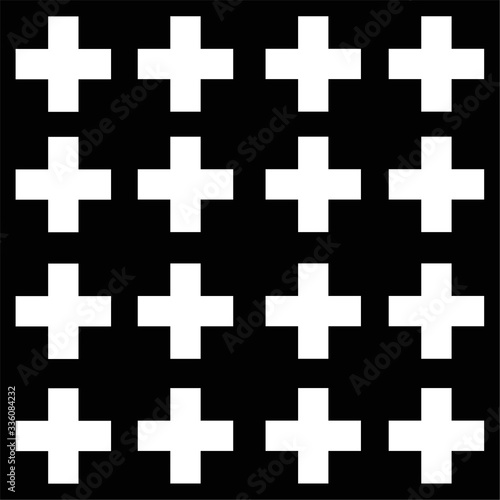 Seamless pattern with white crosses on a black background. Vector and stock illustration. Can be used on fabric wallpaper