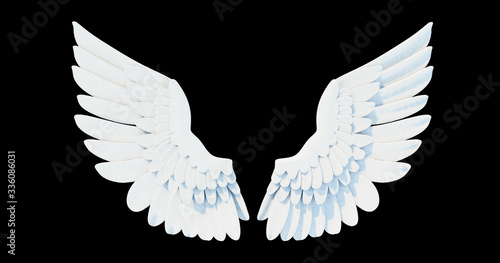 Angel wings, Natural white wing plumage on black background. 3d render