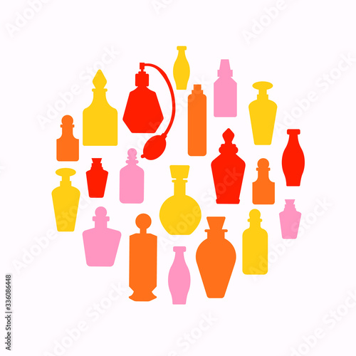 Vector flat perfume bottles set in the round on the white background. Colorful pink yellow orange. For poster web banners cover package design. Cosmetology beauty industry. All elements are isolated.