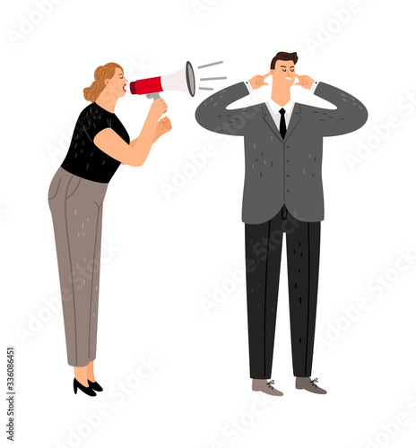 Businesswoman with megaphone. Pressure on employee, disrespect and humiliation. Agressive management vector illustration