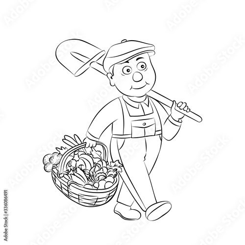 Old man farmer in coverall hold shovel and a basket with harvested crop.Linear silhouette isolated on white background.