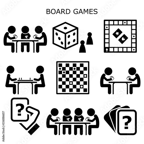 Board games, people playing cards and chess or draughts at the table vector icons set, fun activity while staying at home with friends and family
