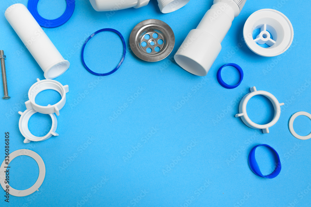 Details siphon kitchen sink on blue background - Image Details siphon kitchen sink on blue background - Image