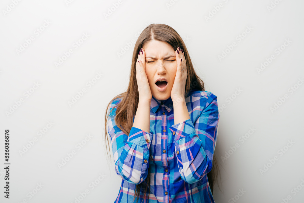 on white background young girl headache on white background young girl headache