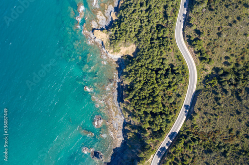 Aerial drone top-down photo of Costa Brava coast and crystal clear waters