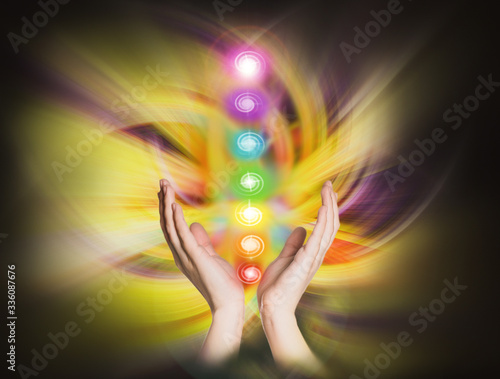 Canvas Closeup view of woman and chakra points. Healing energy