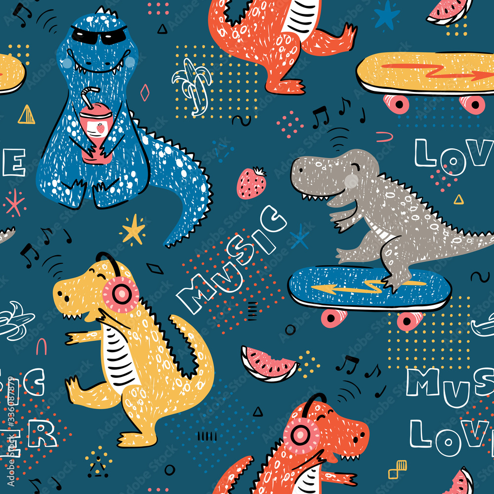 Music Lover Dinosaur Seamless pattern for kids fashion. Childish Background with Cute Dinosaurs. Cartoon Animal vector illustration 