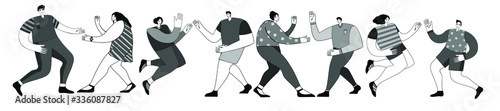 Four pairs of people dancing on a disco party in different positions, lifestyle, leisure, hobby. Vector illustration