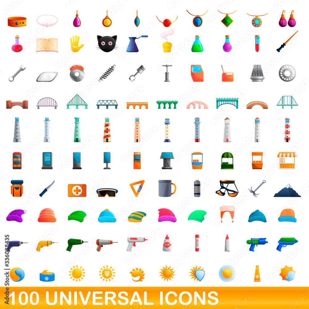 100 universal icons set. Cartoon illustration of 100 universal icons vector set isolated on white background 100 universal icons set. Cartoon illustration of 100 universal icons vector set isolated on white background