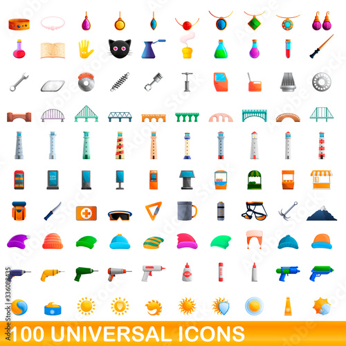 100 universal icons set. Cartoon illustration of 100 universal icons vector set isolated on white background
