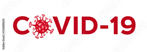 Cartoon concept coronavirus logo red COVID-19 nCov 2019 virus vector illustration isolated on white background