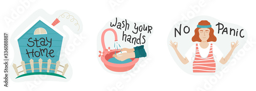 The set of coronavirys stickers. Wash your hands, stay home, no panic. Prevention Covid-19