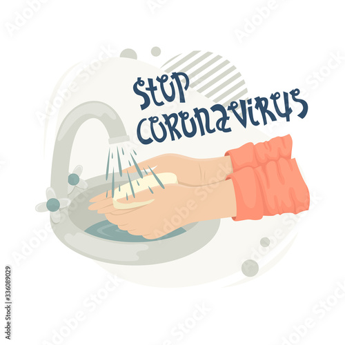 A man washes his hands with soap in the sink under the running water from the tap. Stop coronavirus.