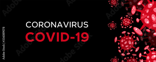 Cartoon concept coronavirus logo red COVID-19 nCov 2019 virus vector illustration on black background