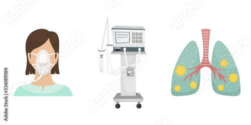 The patient is lying in the hospital on a ventilator. Fighting the coronavirus. Ventilator, lungs with covid-19