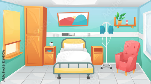 Hospital room with a bed, bedside tables and a chair for visitors. Fighting coronavirus in hospitals.