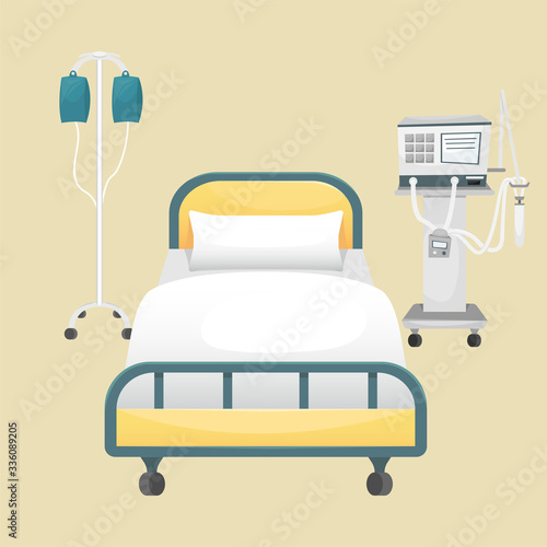 A hospital room with a bed, a drip and a ventilator. Fighting coronavirus in hospitals.