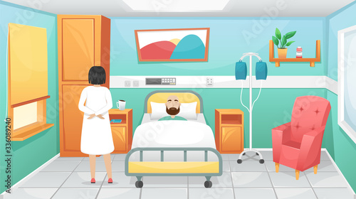 Hospital room with a bed, bedside tables and a chair for visitors. The doctor came to the patient lying in bed. Fighting coronavirus in hospitals.
