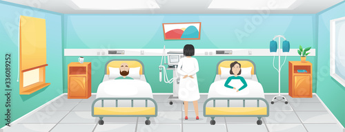 A hospital room with two beds, bedside tables and a ventilator. The doctor came to the patients lying in bed. Fighting coronavirus in hospitals.