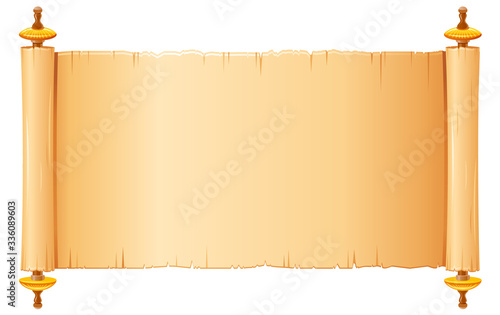 Papyrus scroll, parchment paper with old texture, vector banner isolated on white background. Vintage roll with wooden handles for map, old, bible, medieval letter. Ancient papyrus scroll