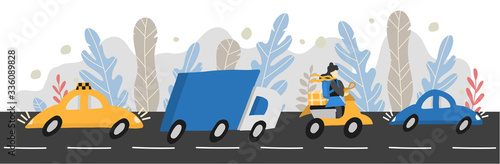 Vector illustration with cars horizontal. Taxi, truck, courier on a scooter, car. Symbols of delivery and transport. The header of the website of the transport company in the style of a flat.