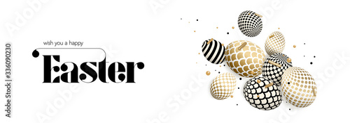 Happy Easter card with 3d composition. Decorated eggs, confetti with golden foil effect and elegant luxury font. Levitating realistic geometric o