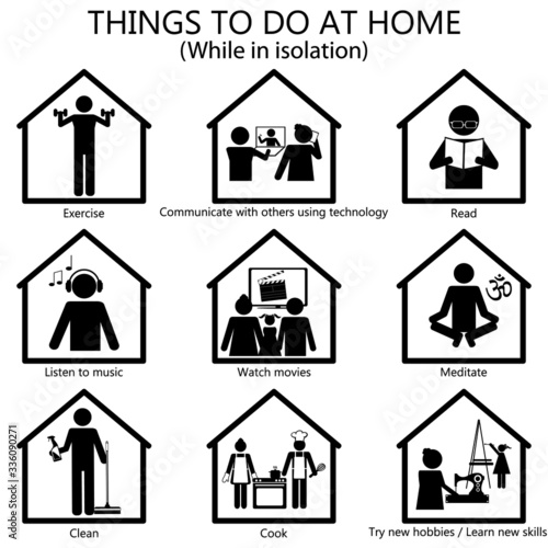 Things to do at home illustration, regarding the "stay home" campaign, due to corona virus quarantine.
