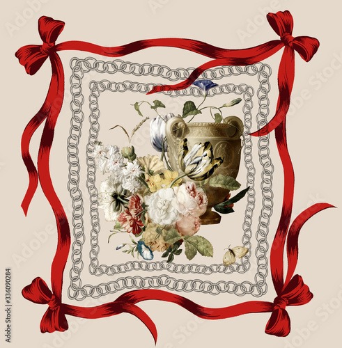 Chain flower decorated with square ribbon illustration