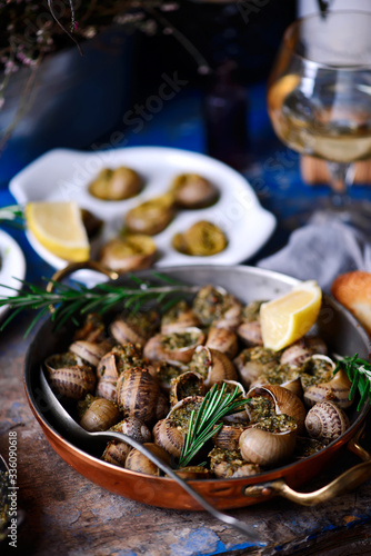 Burgundy escargot with herb butter.style rustic.