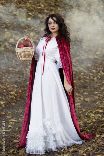 Brunette girl in red cloak in the woods, woman in magical forest with smoke, vertical photo