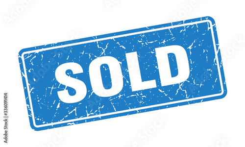 sold stamp. sold vintage blue label. Sign