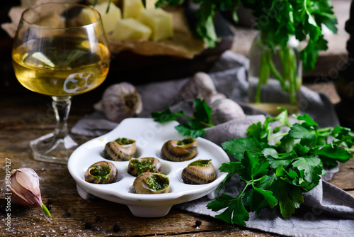 Burgundy escargot with herb butter.style rustic.