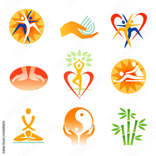 Icons fitness spa massage.
Set of colorful symbols with sport, relax  and healt care activities. Vector available.