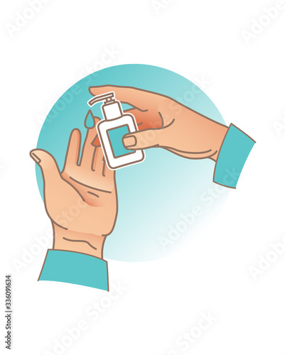 Hands disinfection, using sanitizer to kill bacterias and viruses. Antibacterial means, sanitizer. Covid19 infection prevention, coronavirus precautions