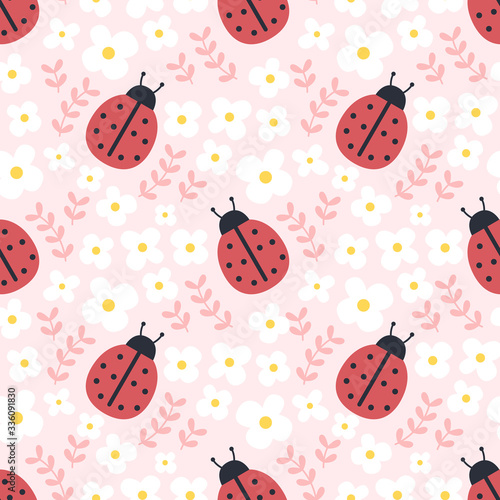 Ladybugs and flowers seamless pattern background