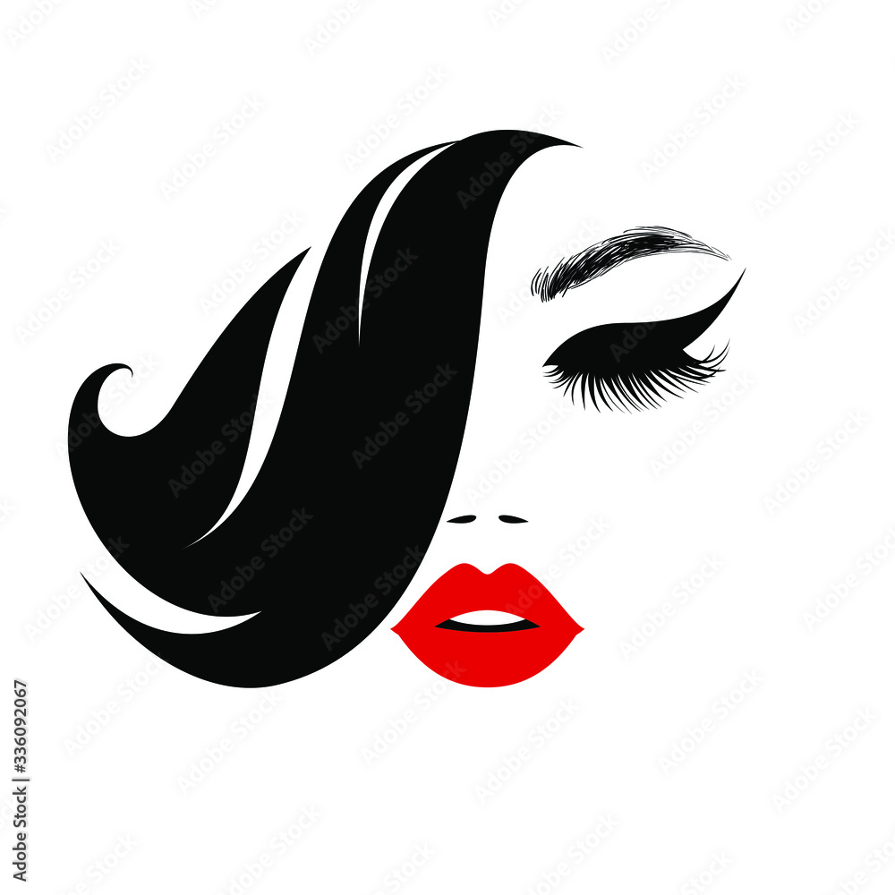 Beauty logo, beautiful face, sexy red lips, eyelash extensions, fashion woman, curly hairstyle, hair salon sign, icon. Wallpaper background. Vector illustration. vector de Stock | Adobe Stock
