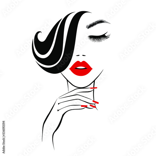 Beautiful sexy face, red lips, hand with red manicure nails, fashion woman, element design, nails studio, curly hairstyle, hair salon sign, icon. Beauty Logo. Vector illustration. Hand drawing style.