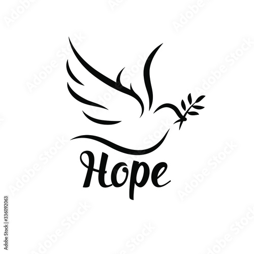 Hope icon with dove and olive leaf. Peace symbol. Vector illustration.