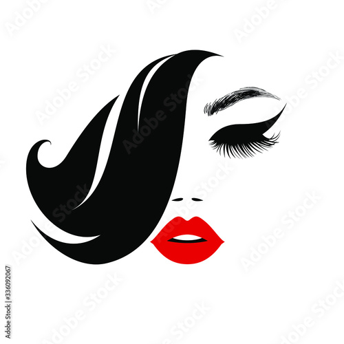 Beauty logo, beautiful woman face, sexy red lips, eyelash extensions, fashion woman, curly hairstyle, hair salon sign, icon. Wallpaper background. Vector illustration.