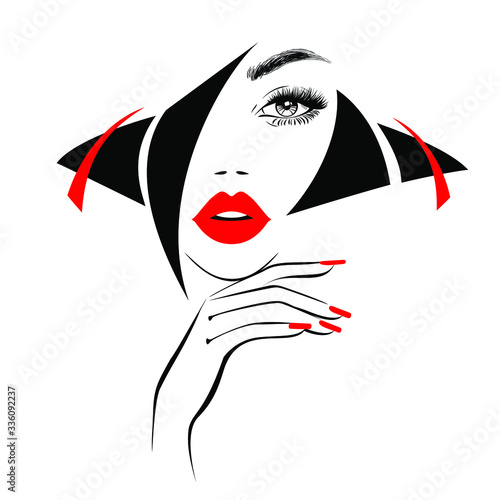 Beautiful sexy face, red lips, hand with red manicure nails, fashion woman, element design, nails studio, curly hairstyle, hair salon sign, icon. Beauty Logo. Vector illustration. Hand drawing style.