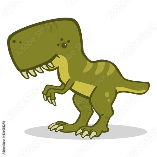 Vector drawing of a smiling green Tyrannosaurus Rex with big teeth and claws, drawn in flat colors with simple lines and isolated on white with a shadow.