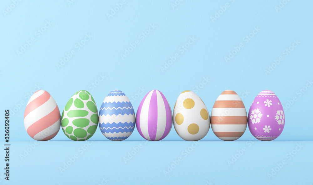 Fototapeta premium Set of easter eggs on a blue background. 3d render illustration.