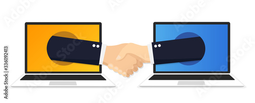Business handshake and laptops, online agreement flat icon